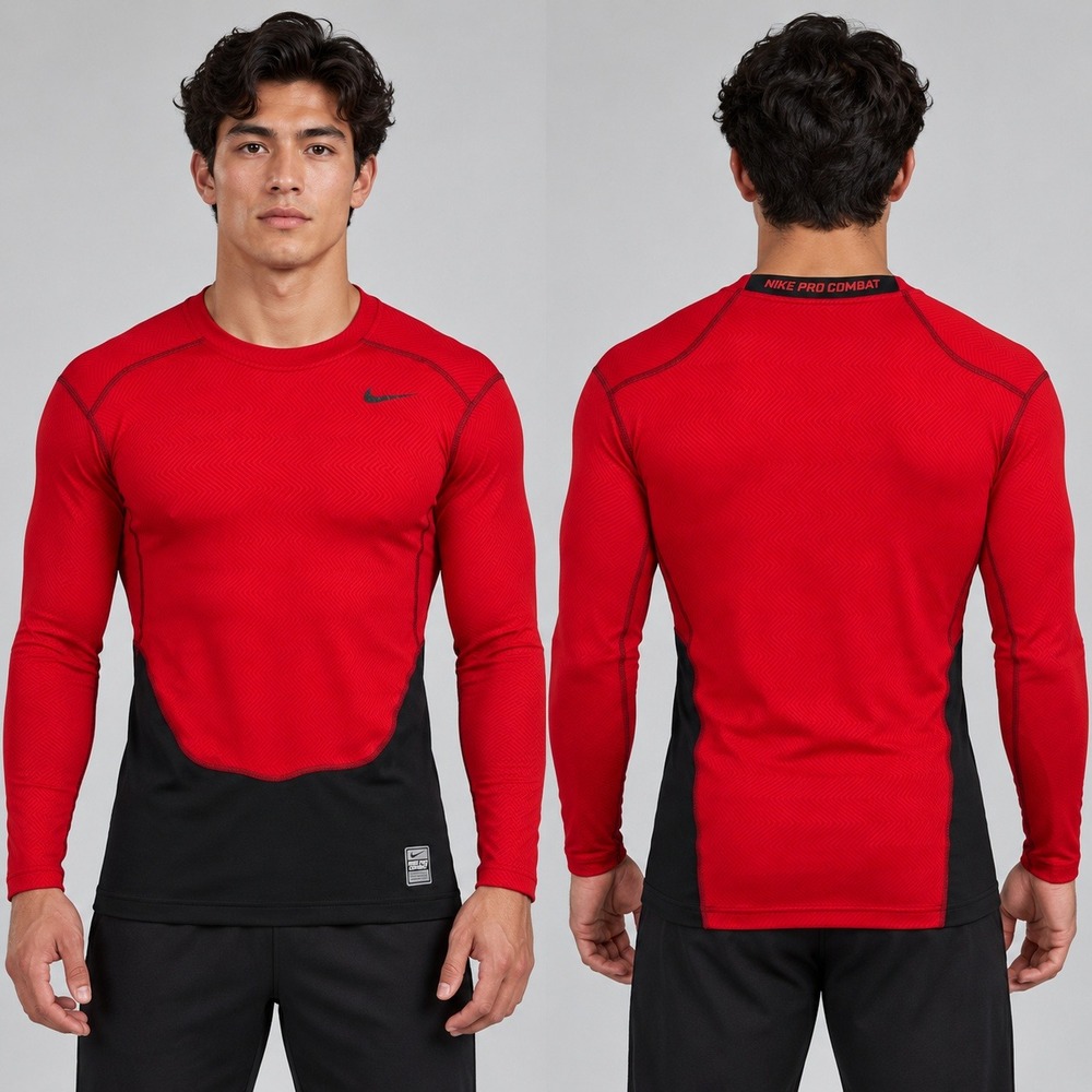 Nike Pro Combat Hyperwarm Lite Men L Compression Crew Base Layer Shirt Red Black